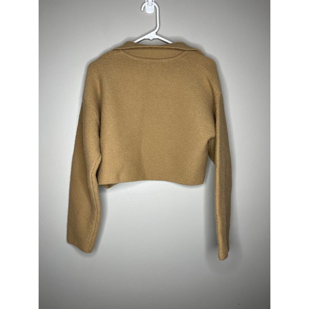 Ecote Camel Tan Cropped Collared Knit Sweater Medium V Neck - Picture 3 of 5